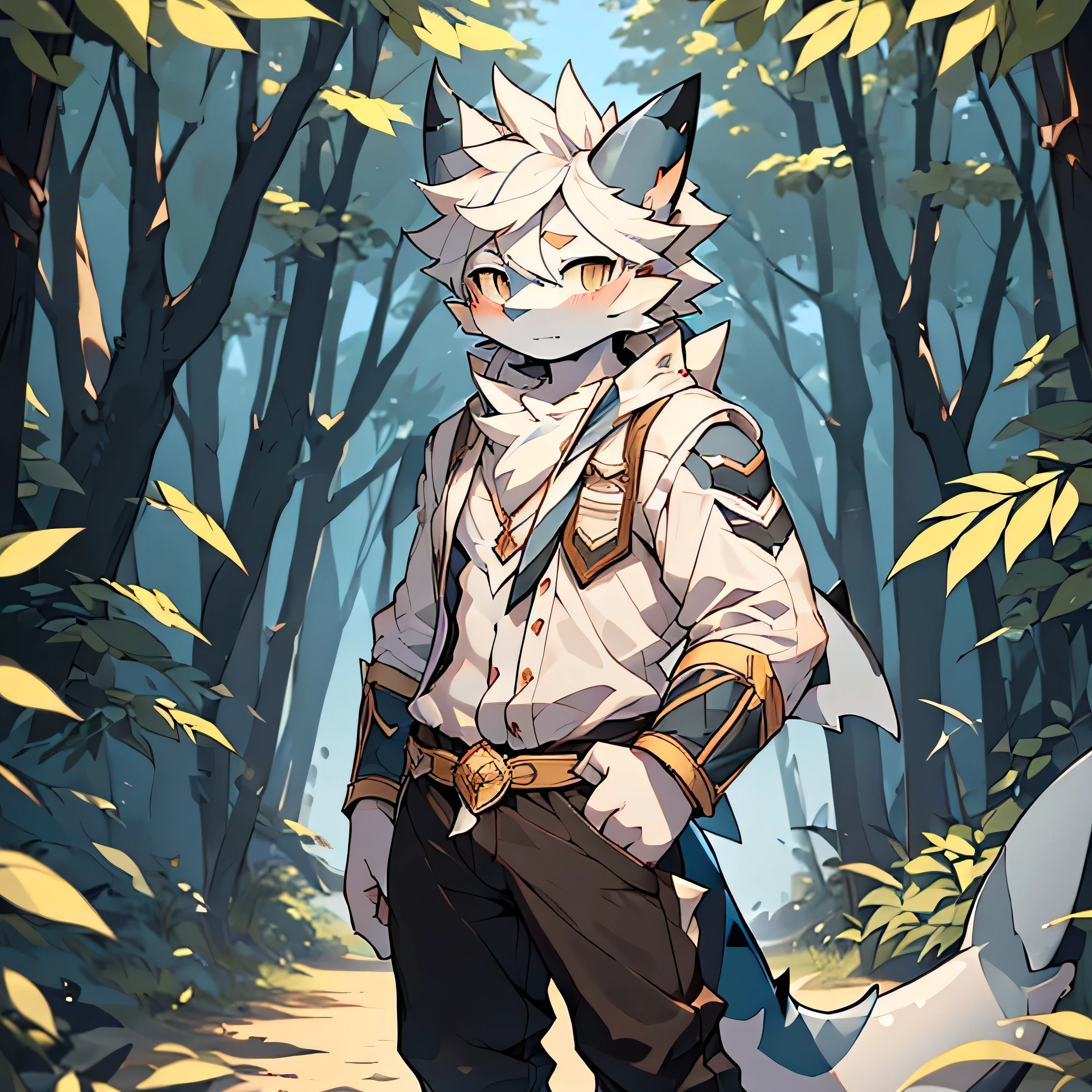 The only person,(Male sharks:1.5), (White skin:1.3), hairy,(White fur:1.3),((Golden pupils)) ,(White ears),(hairy animal ears),Covered with hair,Wear adventurer's clothes,Black pants,Standing,Behind it is the forest,Face Focus,Delicate face,Delicate eyes,upper body,Front view,Silent expression