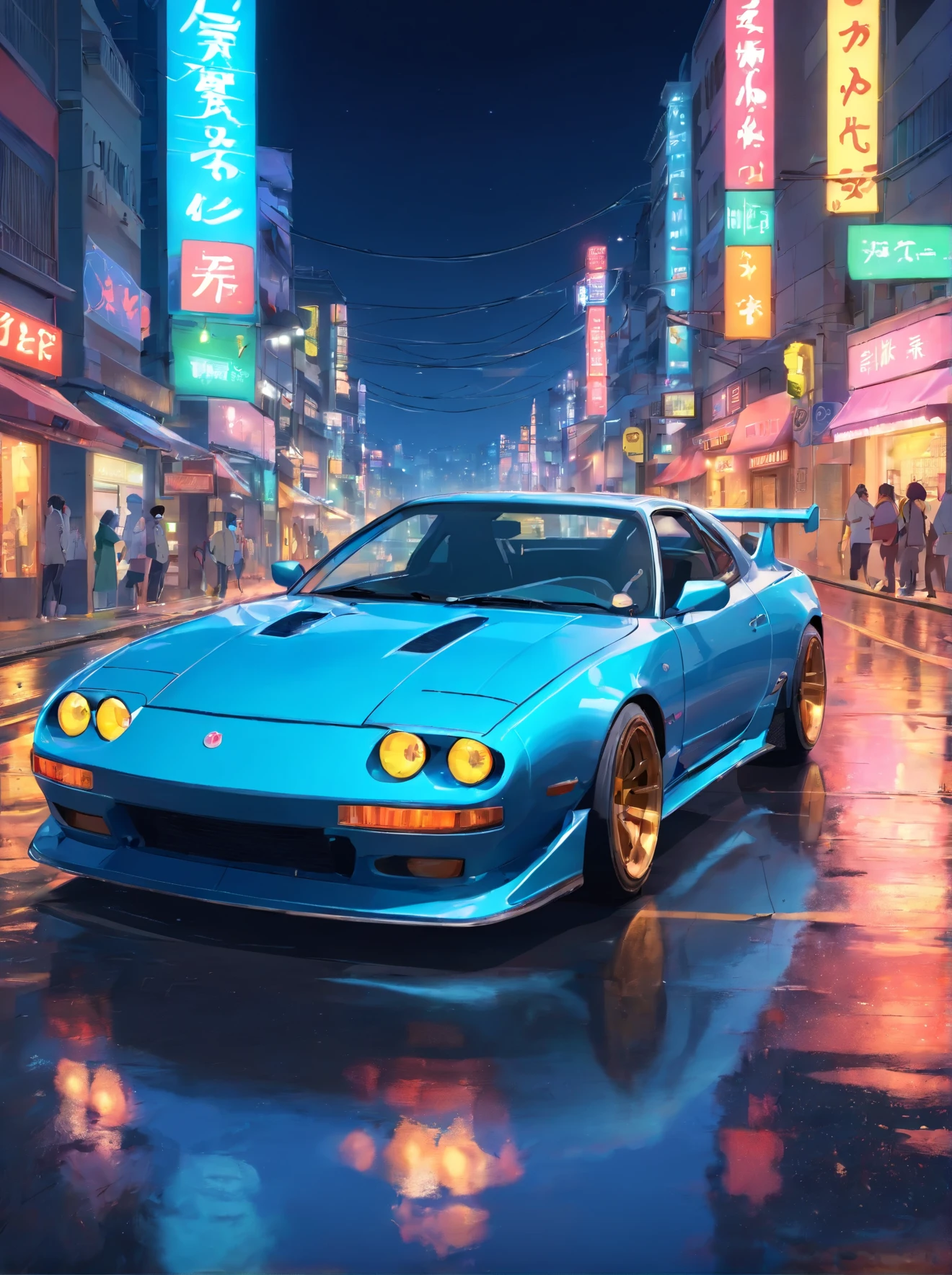 (STANCE), masterpiece,best quality,official art,extremely detailed CG unity 8k wallpaper,illustration, light,car, bright, sports car, vehicle focus, road, ((need for speed)),((NFS)), moving, wet, (((night, midnight))),neon lights,drift, (MARKII)