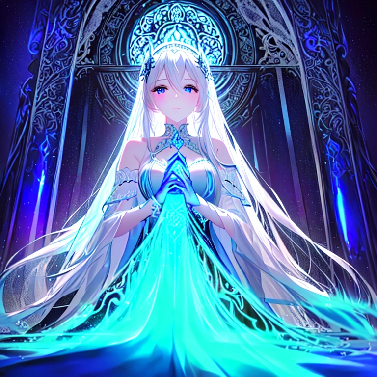 Create a mesmerizing high-resolution masterpiece (1.2) of a gothic anime girl with long, flowing white hair and piercing blue eyes. Her outfit is a traditional maiden's dress, adorned with intricate details and a captivating design, showcasing her elegant and sultry personality. The zerochan art style adds an extra layer of detail and realism (1.37) to every curve and line, transporting you into a world of enchantment and romance. The nightcore theme adds a sense of mystery and excitement, with soft and romantic lighting illuminating the scene. The light and dark color scheme further emphasizes the contrast between the girl's ethere