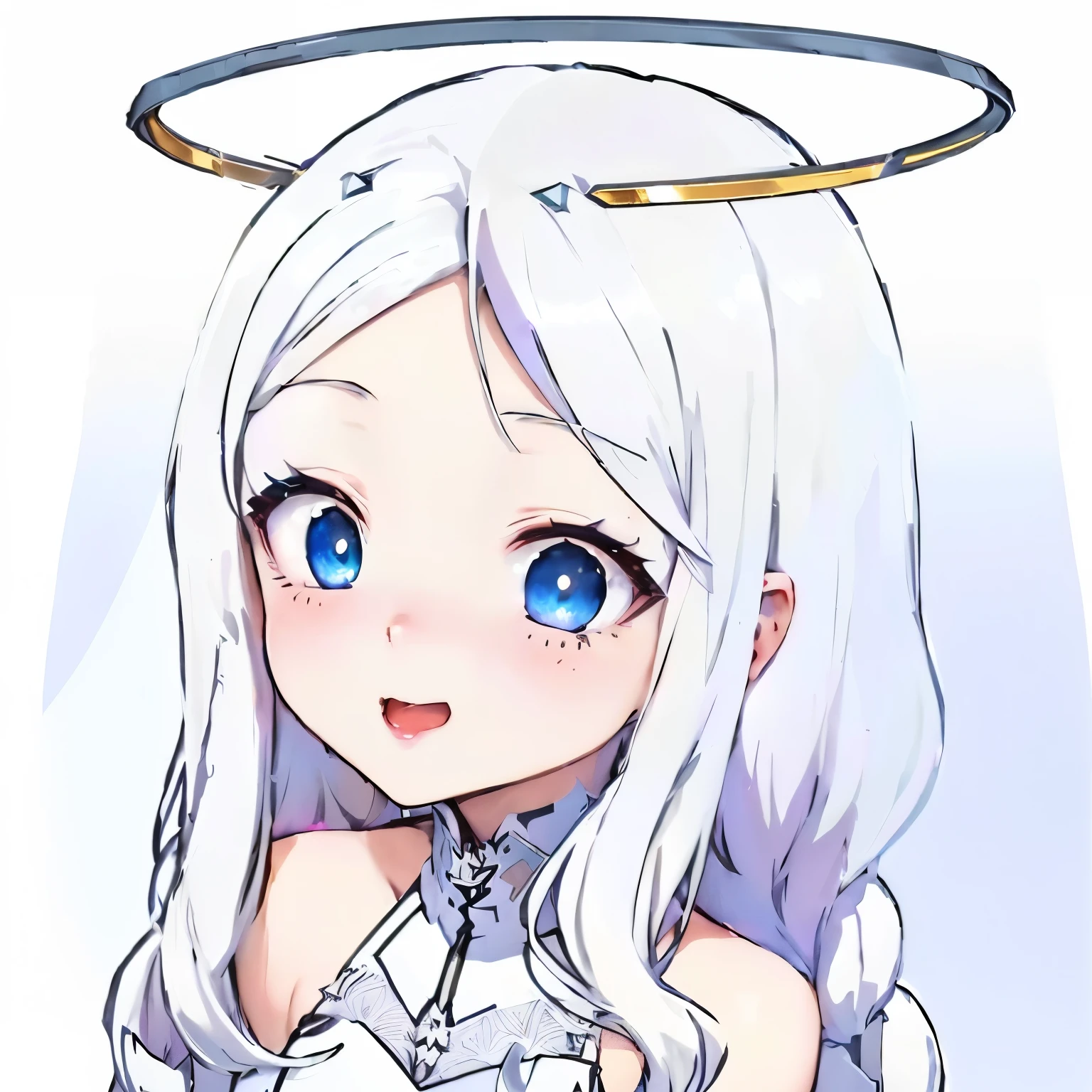 a close up of a cartoon character with a halo on her head, white haired deity, ahegao, ahegao face, anime goddess, anime visual of a cute girl, perfect white haired girl, marin kitagawa fanart, high quality anime artstyle, white haired, girl with white hair, pixiv 3dcg, white-haired, white haired lady