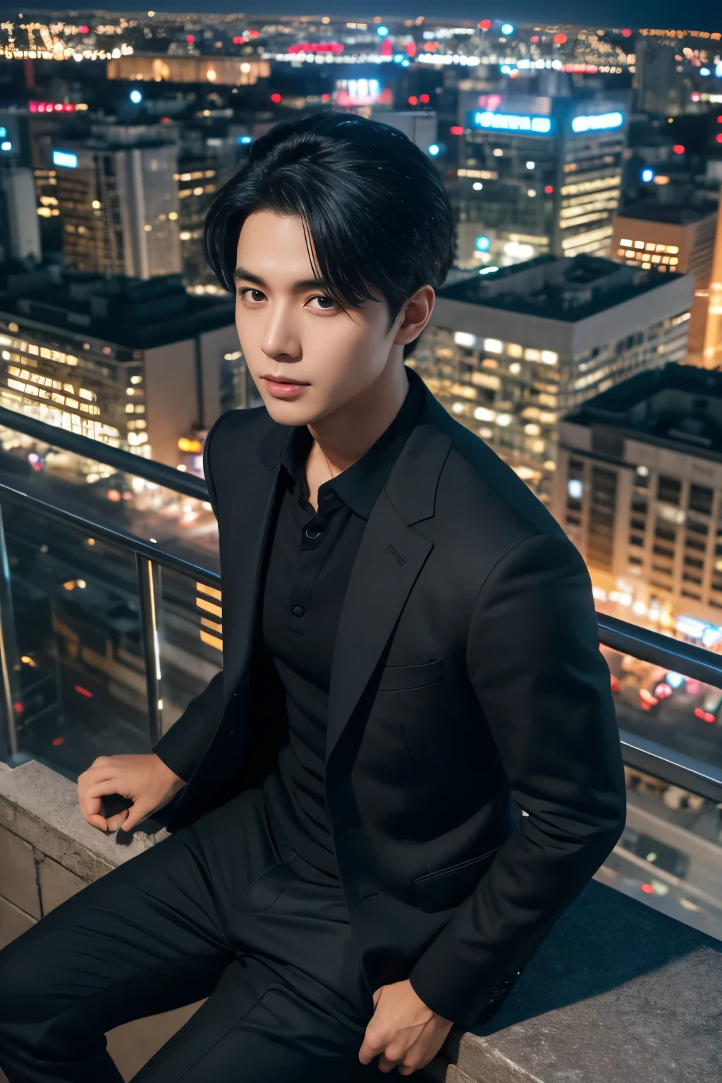 highest quality, masterpiece, Ultra-high resolution, (Realistic:1.4), Detailed face, Fine grain, RAW Photos, Young and handsome men, Black Hair, (whole body), View from above, (Night city background:1.2)