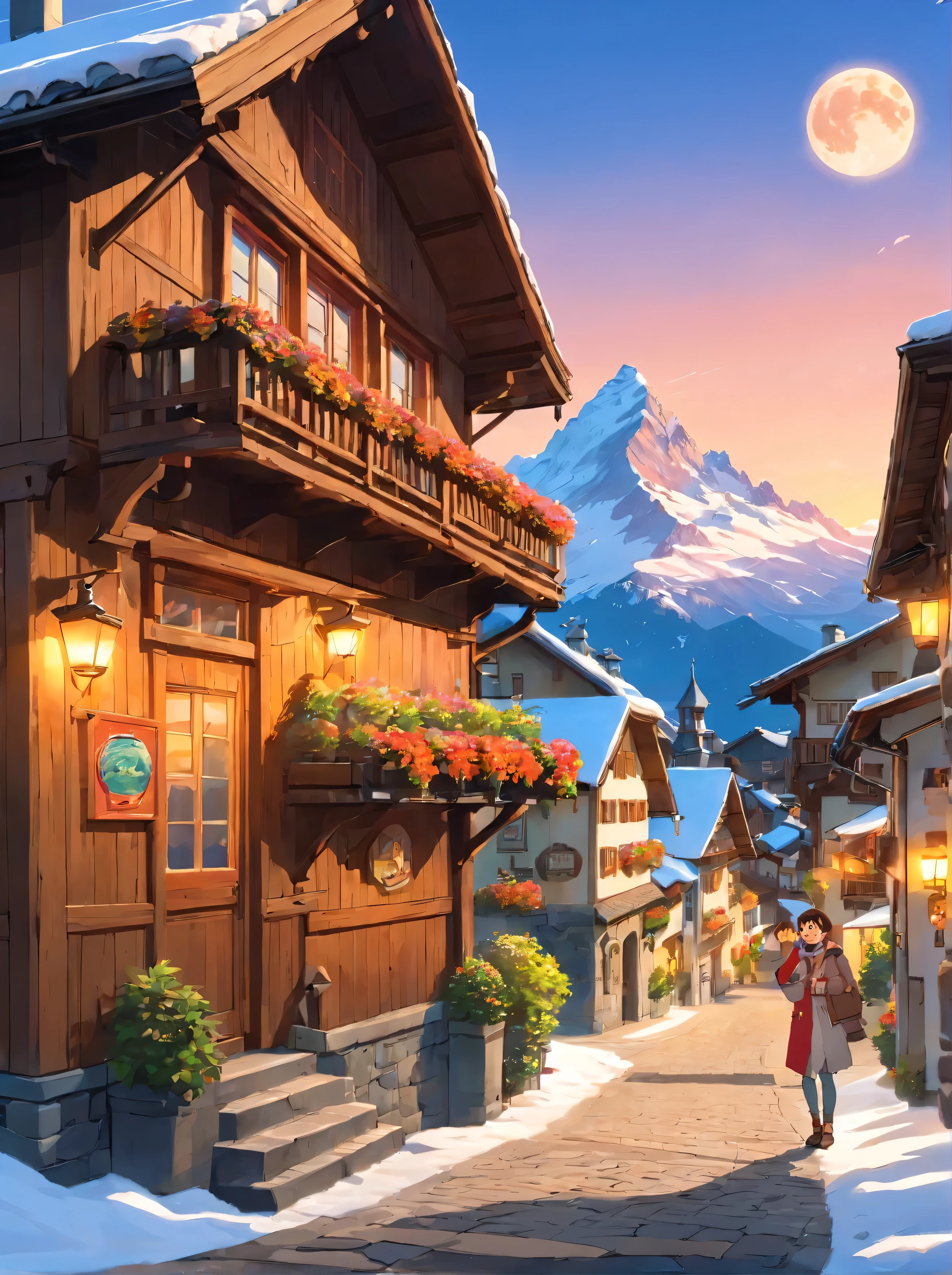 in the sunset, the moon is up in the sky, they are standing in front of a wooden building with a snow covered mountain in the background, in the swiss alps, switzerland, by Tobias Stimmer, winter season, tourists in background, spring season, travelers walking the streets, best on adobe stock, smiling couple, by Werner Andermatt, by Matthias Weischer, swiss architecture, having a good time,Switzerland vibe, coffee shop, traditional clothes, coffee, chocolate, ouside, picture, carrying, joy, humor, Swiss village.