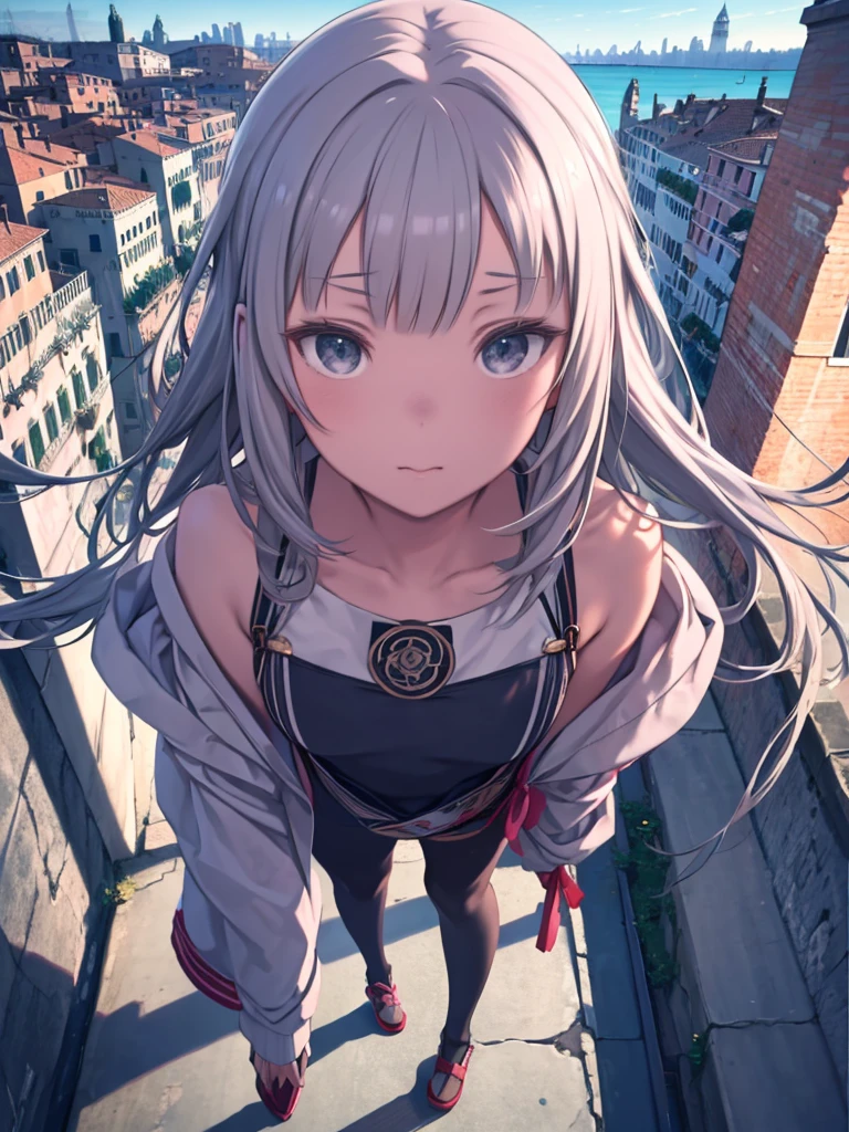 Anime girl with long grey hair standing on a ledge overlooking the city、細部に至るまでdetailedに、細部に至るまでmasterpiece、Close-up of a face seen from above with a fisheye lens、Teenage Girls、Full body portrait、Focus on the face、Kamimei、Beggar、Third Person View、Venice background、highest quality、Delicate、detailed、masterpiece、Real stick、3D Background、A deep background、Realistically exaggerating changes in material texture、Exaggerated gloss、Transcendental technique at its finest