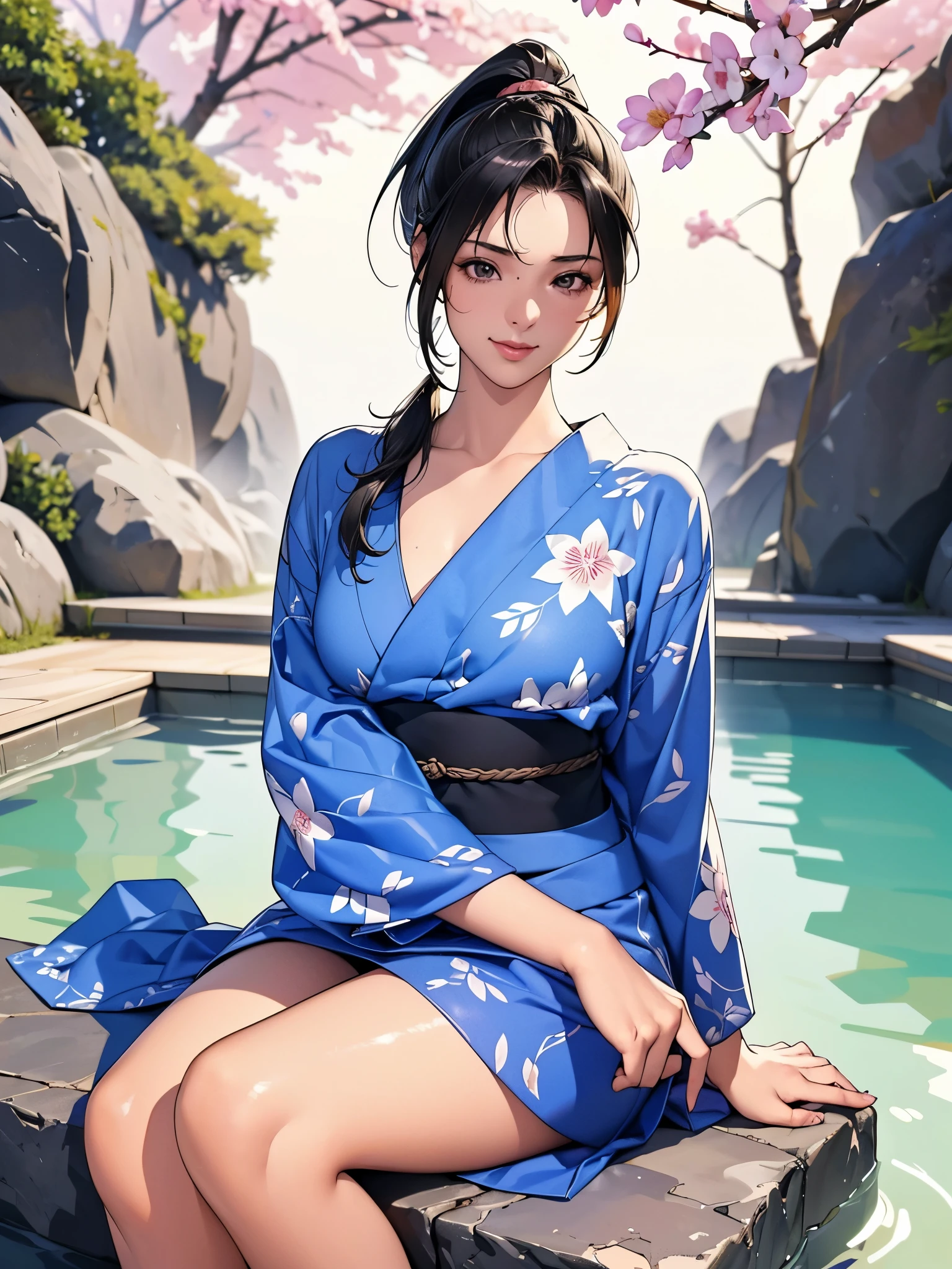 8k, highest quality, ultra high resolution, 1 female, 1980s pop culture anime style, 21 years old, (masterpiece, high resolution, detailed), Japanese, sweating, short cut, ponytail, big breasts (photorealistic) :1.4), (Famous Japanese actress:1.2), very beautiful, cute, professional photo, very delicate and beautiful, very detailed, very detailed beautiful girl, very detailed face, very detailed eyes, very detailed skin, very detailed fingers, very detailed nose, very detailed mouth, perfect anatomy, realistic body, fair skin, shiny skin, slender body, good figure, looking at viewer, smile, cute laugh Face (Black hair, (Ponytail, Beautiful girl, Perfect small face, D cup, Thin, Top quality, Ultra high resolution, Detailed background, Masterpiece, Anatomically correct, Detailed face, Beautiful face in every detail, Cute 20 Beautiful girl in her s, black hair, highest quality, 4K quality, hot spring, sitting woman, woman in yukata, woman's ponytail, woman is 21 years old Steam, sweat,