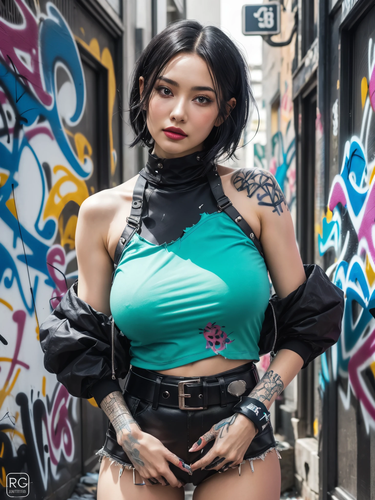 girl with strong pose, BREAK, 1girl, detailed face, shoulder, rectus abdominis, tights, looking at viewer, studded belt, slick hair, glove, harajuku theme, cyberpunk, (graffiti:1.4), standing, dynamic pose, head tilt, black hair, bright green eyes, hellish horror, torn clothes, illustrations, high resolution, ultra detail, dark fantasy, sharp focus, vibrant colors, dramatic lighting, bokeh, dystopian, surrealism, very intricate details, concept art, diodes, resistors, semi conductors, ornate, gigantic breasts, 