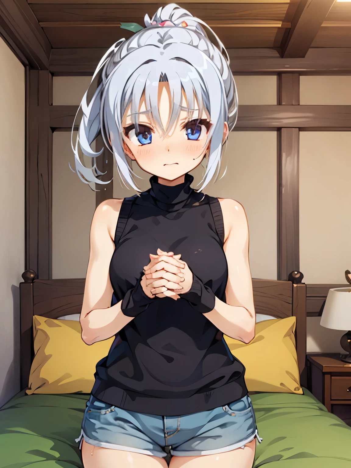 NSFW,Tomotake Yoshino,Long Hair、Gray Hair、High Ponytail、Hair Intake、hair ornaments、Parted bangs、blue eyes,Embarrassed,blush,In heat,A wistful look,Turtleneck sweater,Sleeveless,Shorts,(Perfect hands),(Perfect Anatomy),(masterpiece),(highest quality),Luxury Room