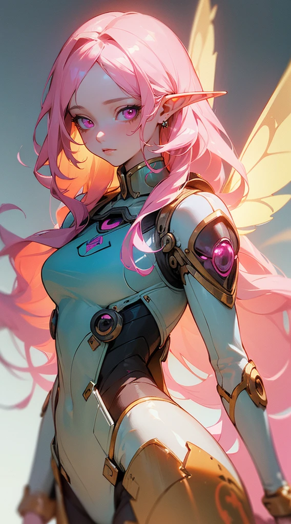 Beautiful woman , very long hair , wavy hair , pink eyes , pink hair , pale skin , elf ears , ((has fairy wings:1 )), age 23 ,
in the style of cyberpunk futurism, african influence, etam cru, light blue and gold, michael creese, steelpunk, michael hussar, white background
(masterpiece, best quality:1.3),beautiful detailed glow,best illuminate,(((best quality,textile shading,ultra detailed))),extremely detailed CG unity 8k wallpaper,Highly Detailed beautiful and aesthetic,best light,high resolution,detailed,dynamic lighting , 1Character , pastel washed out colors , cell shade , soft, muted shades ,gentle colors ,