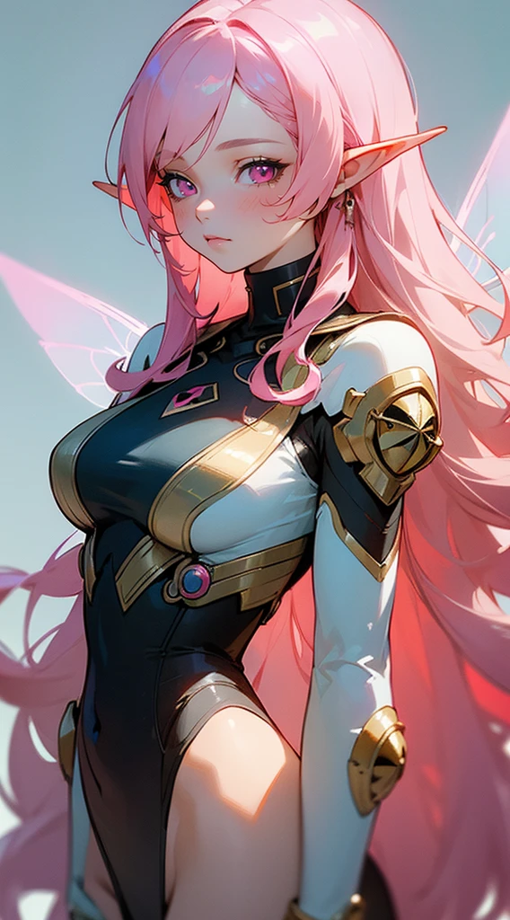 Beautiful woman , very long hair , wavy hair , pink eyes , pink hair , pale skin , elf ears , ((has fairy wings:1 )), age 23 ,
in the style of cyberpunk futurism, african influence, etam cru, light blue and gold, michael creese, steelpunk, michael hussar, white background
(masterpiece, best quality:1.3),beautiful detailed glow,best illuminate,(((best quality,textile shading,ultra detailed))),extremely detailed CG unity 8k wallpaper,Highly Detailed beautiful and aesthetic,best light,high resolution,detailed,dynamic lighting , 1Character , pastel washed out colors , cell shade , soft, muted shades ,gentle colors ,