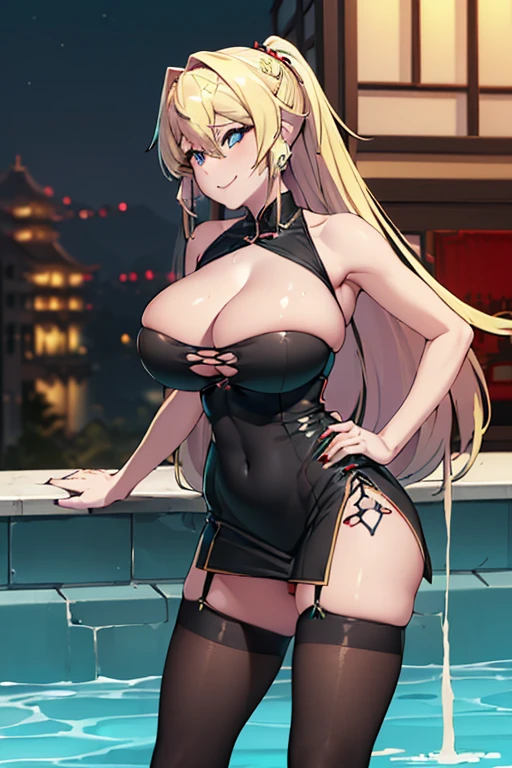 masterpiece, best quality, ultra high res, ultra-detailed, inside a luxurious bar, night, a windows with a beautiful night city landscape, azusa, slut, solo, (blonde hair, teal eyes: 1.4), red lipstick, red eyeliner, (gigantic tits and giant cleavage: 1.4), hairy pubic hair, (erotic black china dress, black tights, black high heels: 1.5), looking at the viewer, sexual alluring expression, moaning, pleasure face, horny, very erotic face, wet, (azusa is standing in a pool in a very sexy pose with a hand on her hip while looking at the viewer with a very sexual and horny face and an alluring smile: 1.6), (bottom close pussy photo: 1.5)