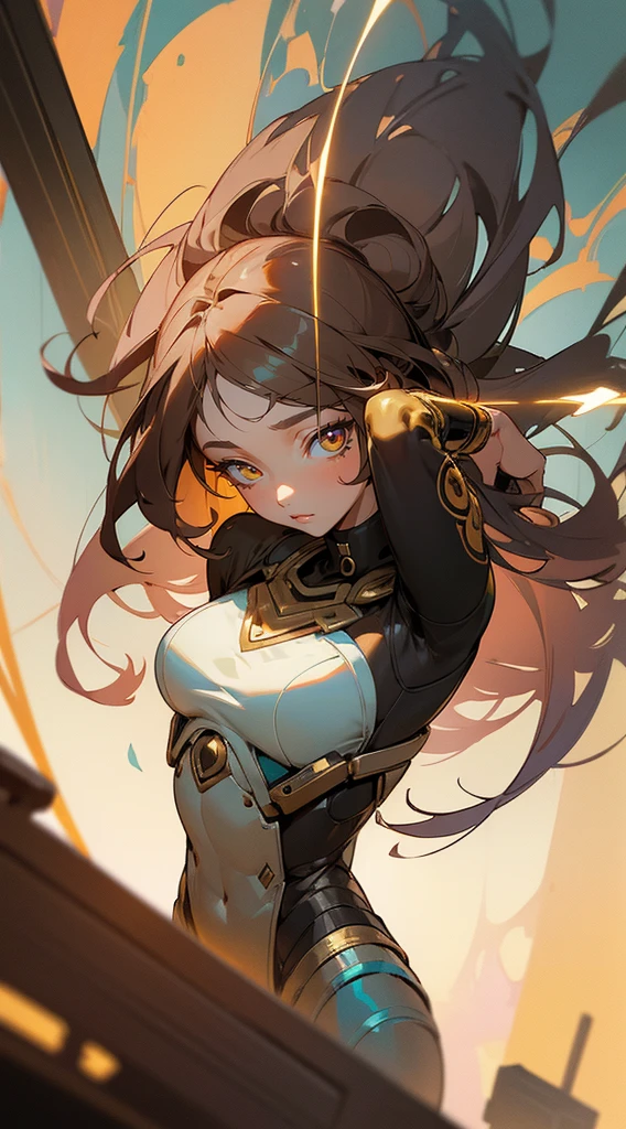 Beautiful woman , very long hair , dark brown hair , gold eyes , lean body ,  expressive  eyes,  figure, age 26, 

in the style of cyberpunk futurism, african influence, etam cru, light blue and gold, michael creese, steelpunk, michael hussar, white background

(masterpiece, best quality:1.3),beautiful detailed glow,best illuminate,(((best quality,textile shading,ultra detailed))),extremely detailed CG unity 8k wallpaper,Highly Detailed beautiful and aesthetic,best light,high resolution,detailed,dynamic lighting , 1Character ,  pastel washed out colors , cell shade , soft, muted shades ,gentle colors ,