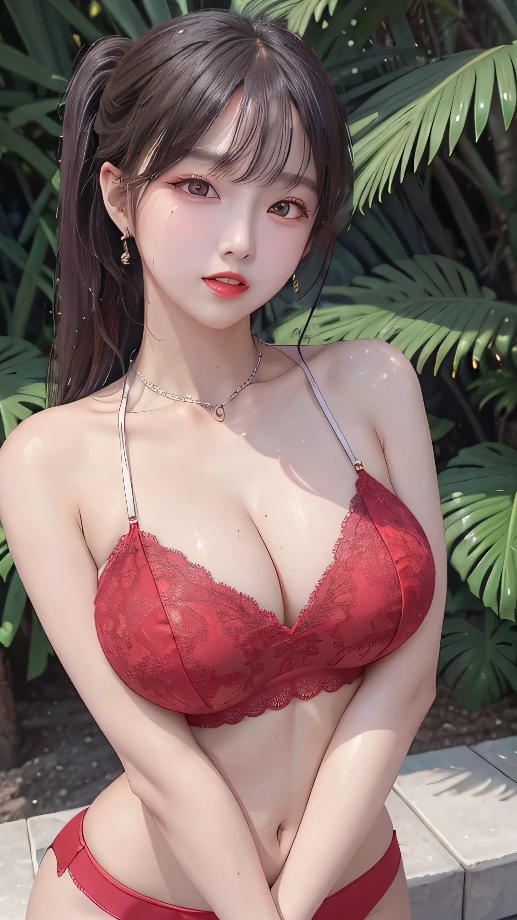 A sexy and charming korea woman, legs thrown back, elegant and intellectual, confident and generous, exquisite and beautiful face, exquisite collarbone, charming fragrant shoulders, navel, full body wet photo, body facing the front, beautiful and exquisite pretty face, peach Red lips, fragrant shoulders slightly exposed, super big breasts looming, focus on the face, seductive and delicate collarbone, ultra-high resolution, tender and smooth skin, very realistic details, bokeh, Bright Background, ultra-high-definition, outstanding details, 8K, blushing face, Attractive collarbone, sexy shoulders, one person, wet bob hair, ponytail long hair, smile with teeth, clothes((luxury red lace crop top and lace boxers with deep cleavage, luxury necklace):1.2), high detail, shiny skin, (standing pose:1.5)