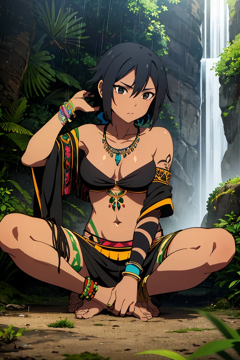 20 years old tribal girl,ebony skin, short black hair adorned with multiple colors feathers , black eyes, tribal outfit,bracelets and necklace showing connection with nature, tribal tattoos without shoes, in rain forest brazil.