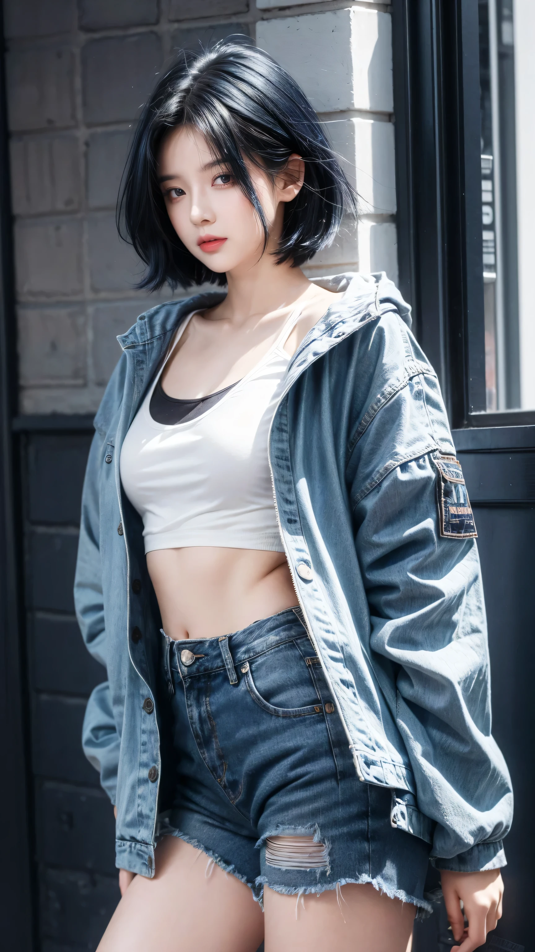best quality, 1 Girl, dark blue hair, black eyes, Very short hair, Spiky hair,blue oversize t-shirt, blue jacket, High waist short jeans, 171 cm, Messy hair, Hair between the eyes, Medium breasts, full, Tomboy, aldult, 20 years old, 1 Girl