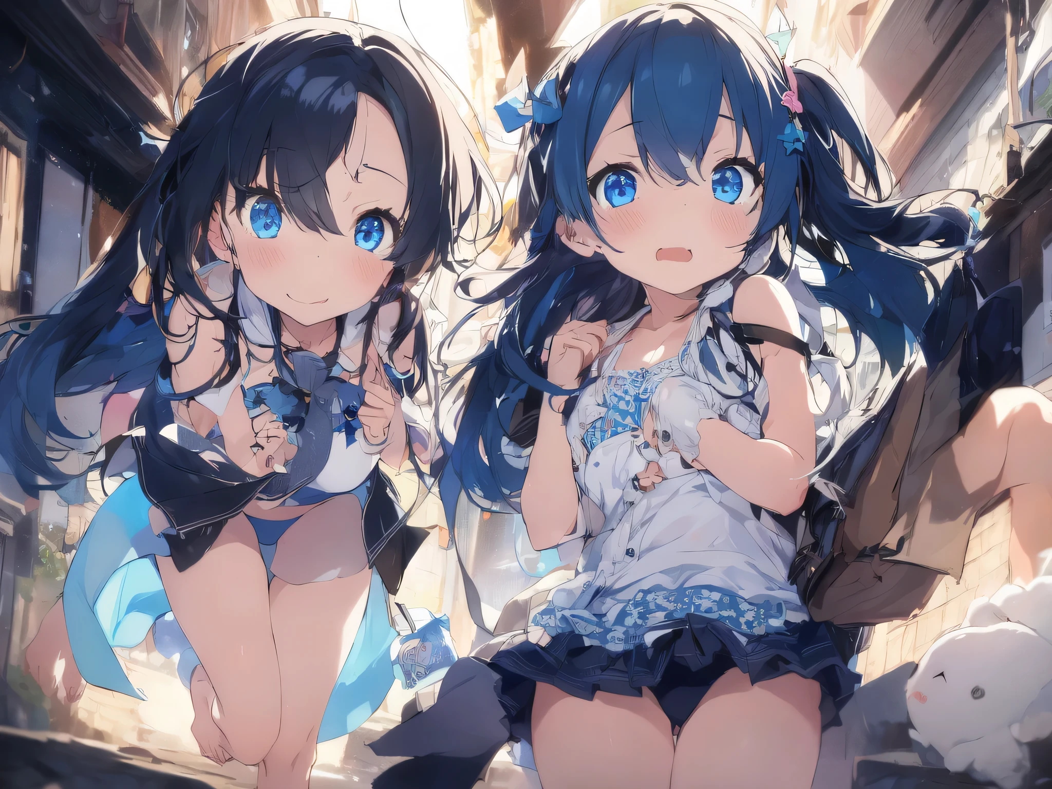 Girl with long black hair、Cute light blue bra、A white shirt with all the buttons undone、Cute light blue underwear、barefoot、A girl wearing a cute light pink bra and underwear、Blue sea, sandy beach, cumulonimbus clouds and blue sky、Two girls having fun