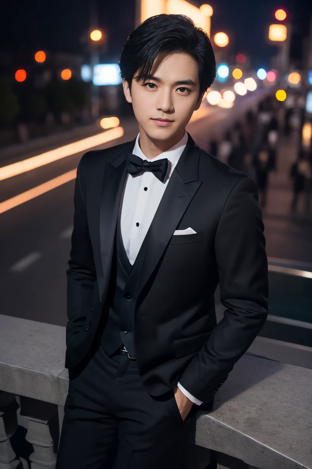 highest quality, masterpiece, Ultra-high resolution, (Realistic:1.4), Detailed face, Fine grain, RAW Photos, 25 year old handsome man, Black Hair, (whole body), View from above, (Night city background:1.2), Wearing a black tuxedo