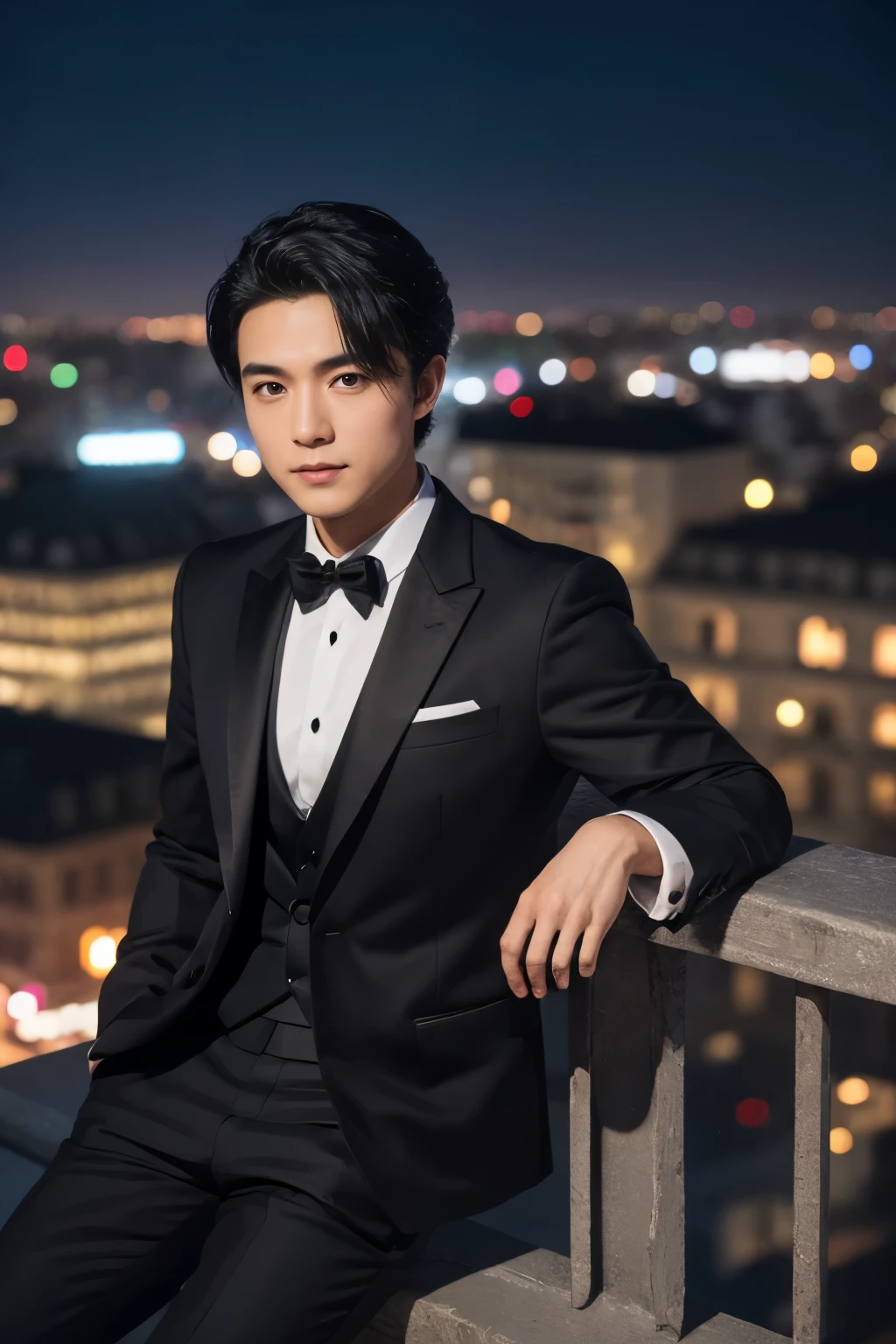 highest quality, masterpiece, Ultra-high resolution, (Realistic:1.4), Detailed face, Fine grain, RAW Photos, 25 year old handsome man, Black Hair, (whole body), View from above, (Night city background:1.2), Wearing a black tuxedo
