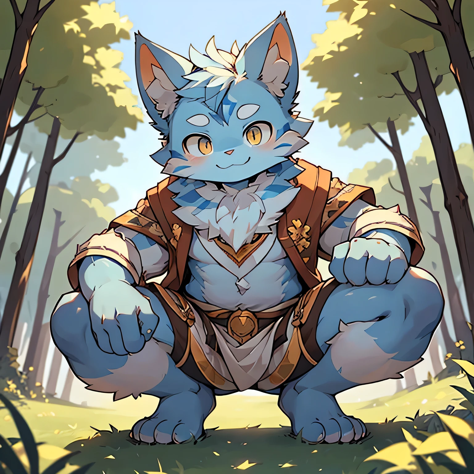 The only person,(Male cats:1.5), (blue skin:1.3), hairy,(Light blue fur:1.3),((Golden pupils)) ,(White ears),(hairy animal ears),Covered with hair,Wear adventurer's clothes,Crouching on the grass,Behind it is the forest,Face Focus,Delicate face,Delicate eyes,Front view,Red cheeks,Smile,Perfect sunshine