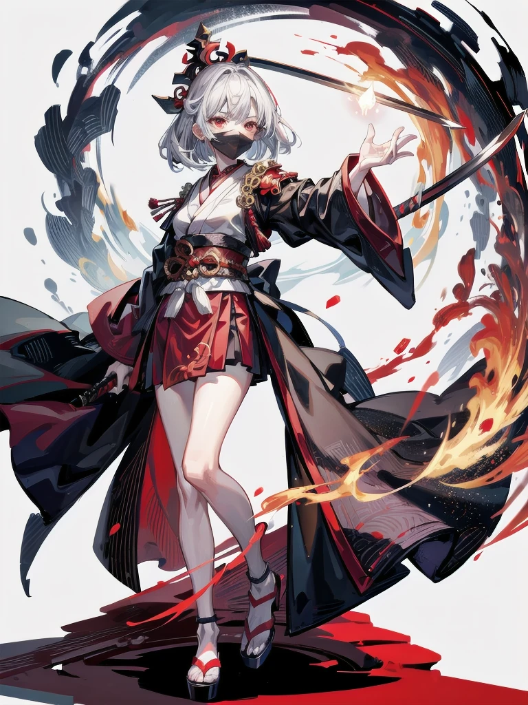 ((in shrine)), red-black costume, holding a sword, Onmyoji, nobushi, Flowing white robe, Ghost fire, Daoism, (put on Mask), absurdres, RAW photo, extremely delicate and beautiful, masterpiece, Best Quality, ultra high resolution, 32k, hyperrealistic, ultra-detailed, detailed description, pale skin, 20 years old, tearful mole, earring, Colossal tits, short medium hair, wavy hair, evil grin, full body shot,