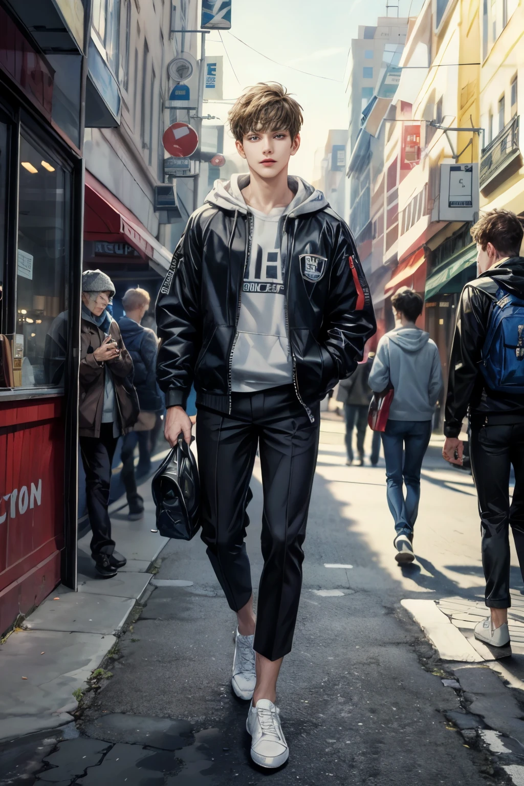 masterpiece:1.8, handsome teen boy, city boy outfit , hoodie, shirt, jacket, short pants, extremely detailed city scenery, perfect face:1.1, Looking at Viewer,