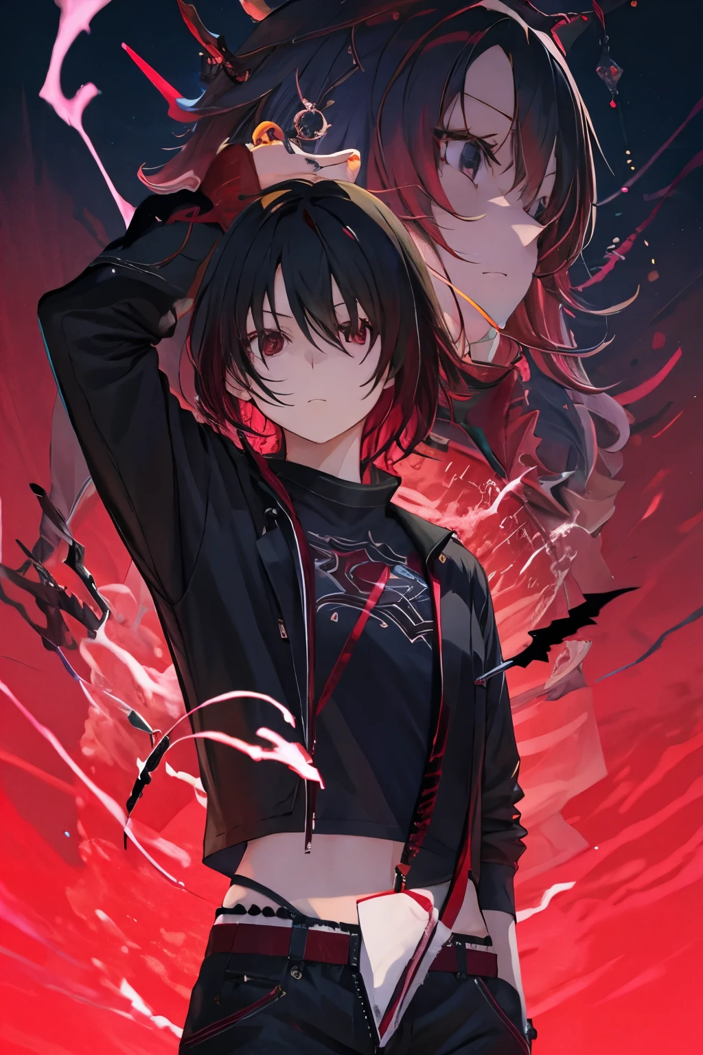 (masterpiece, highest quality:1.2), alone, One girl, kisaragi ren, (cool),Black jacket, shirt, Black trousers, Looking up,Black devil behind