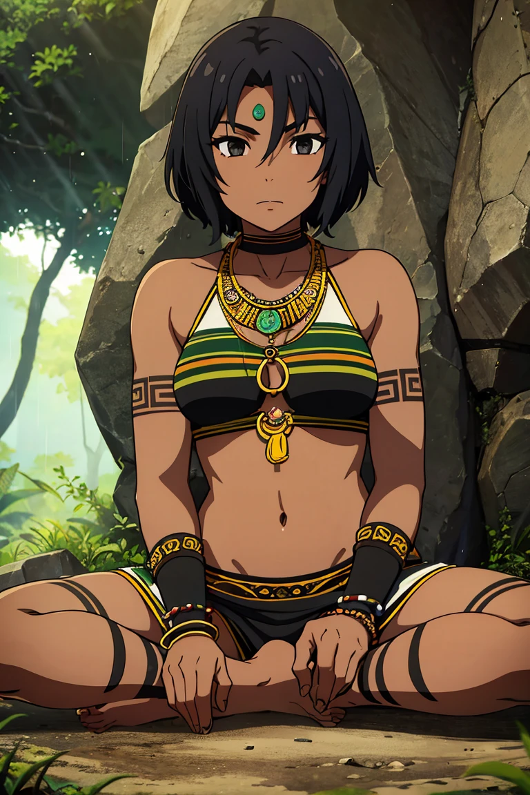 20 years old tribal girl,ebony skin, short black hair , black eyes, tribal outfit,bracelets and necklace showing connection with nature, tribal tattoos without shoes, warrior, in rain forest brazil.