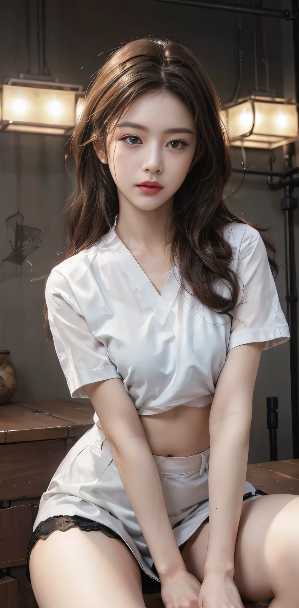RAW photo, bokeh, (Lifelike face), smiled slightly, Top image quality, High resolution, best quality, 8k, HDR, (photorealistic:1.6), (1girl:1.4), brown and curly and messy hair, very detailed face, beautiful eyes, [chubby], adorable, full body portrait, Close-up, sharp outline, romantic, Korean stylish, fashion, stylish costume, uniform, tight lace t-shirt, high waist skirt, Thigh high stockings, (spread legs:1.27), delicate face, brown hair fluttering in the wind, 22-year-old girl, slim figure, small bust, sexy, plump breasts, open chest, bra, charisma, glamorous, standing tall.