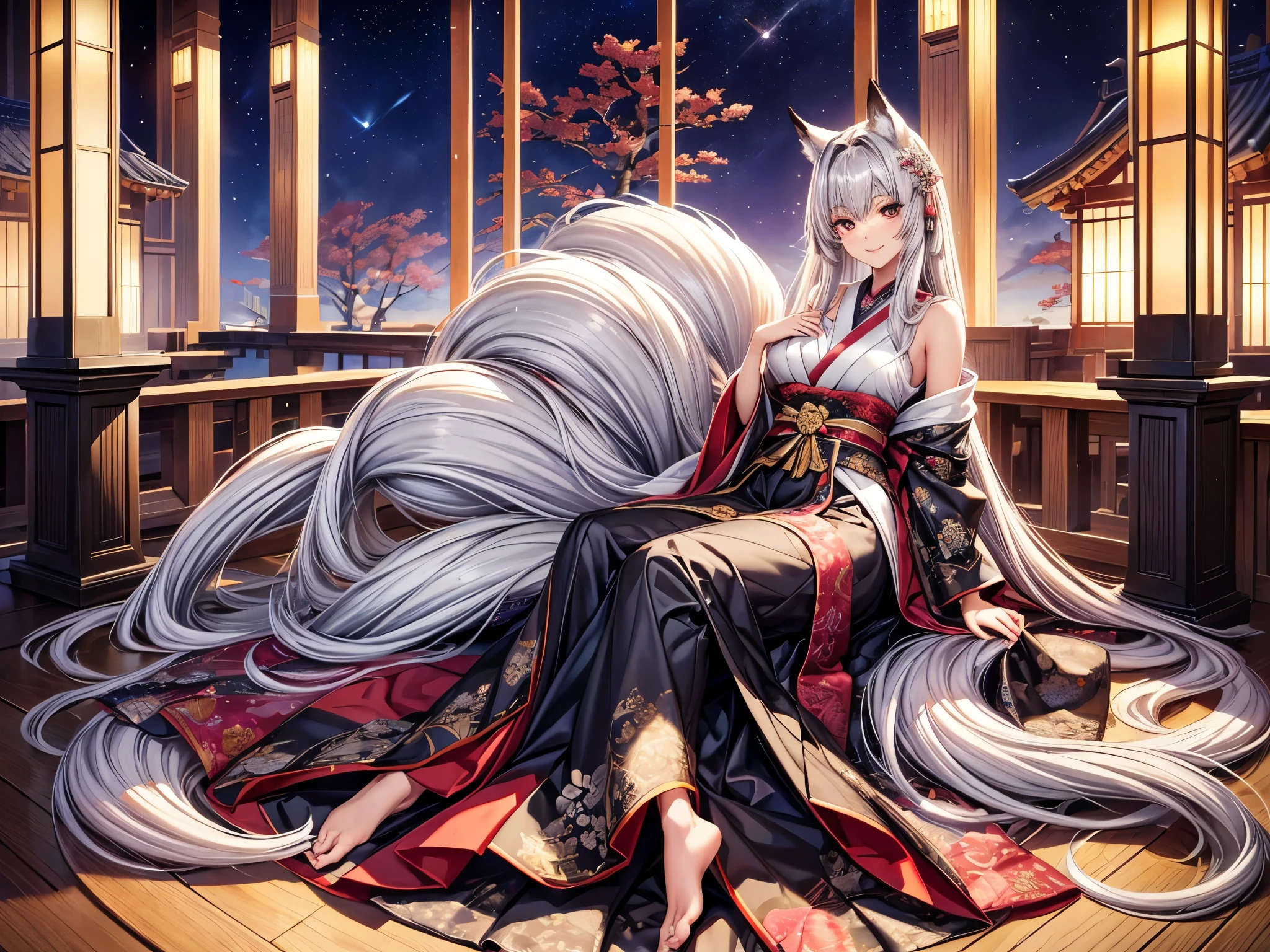 There is a young and charming beautiful woman, The long-haired female nine-tailed silver fox in Japanese mythology, On clothes, Her nine tails spread out behind her like a fan, Laughed, Smiling thoughtfully, (masterpiece), full length, For the audience, Surrealism, Wonderful lighting, firefly, Sequins,