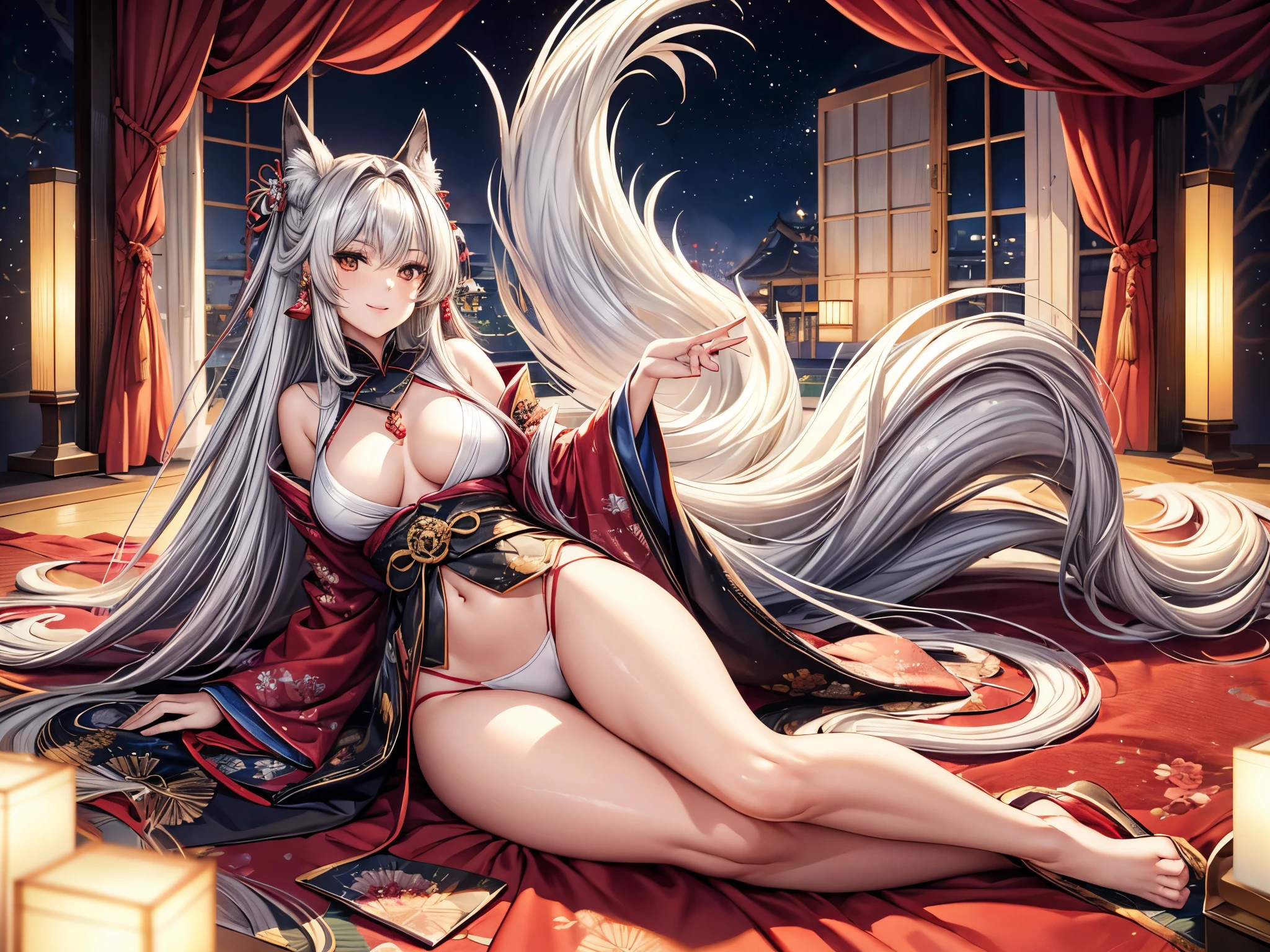 There is a young and charming beautiful woman, The long-haired female nine-tailed silver fox in Japanese mythology, On clothes, Her nine tails spread out behind her like a fan, Laughed, Smiling thoughtfully, (masterpiece), full length, For the audience, Surrealism, Wonderful lighting, firefly, Sequins,