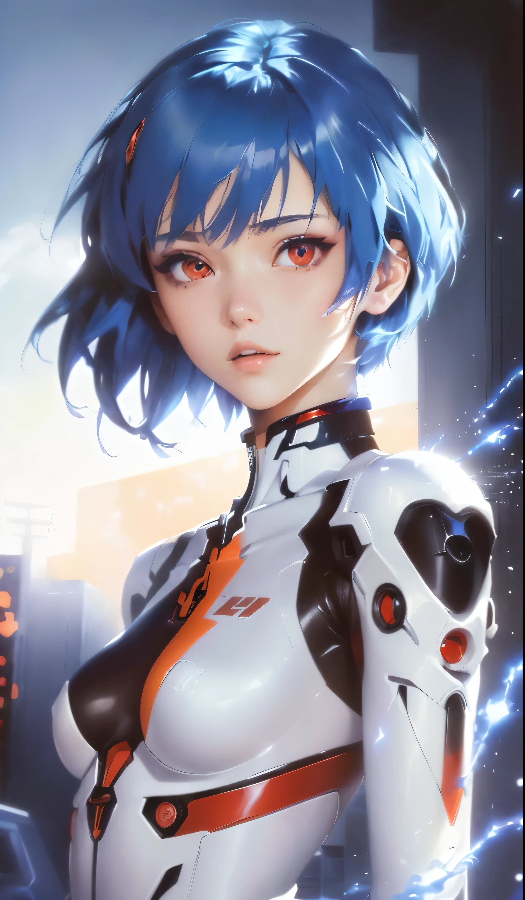 (best quality, masterpiece, colorful, dynamic angle, highest detailed)(Rei Ayanami), upper body photo, fashion photography of flirting blue bobbed hair girl (Rei Ayanami), detailed red eyes, dressing high detailed Evangelion white suit (high resolution textures), in dynamic pose, bokeh, (intricate details, hyperdetailed:1.15), detailed, sunlight passing through hair, colorful splash art background, (high contrast, Evangelion official art, extreme detailed, highest detailed),
