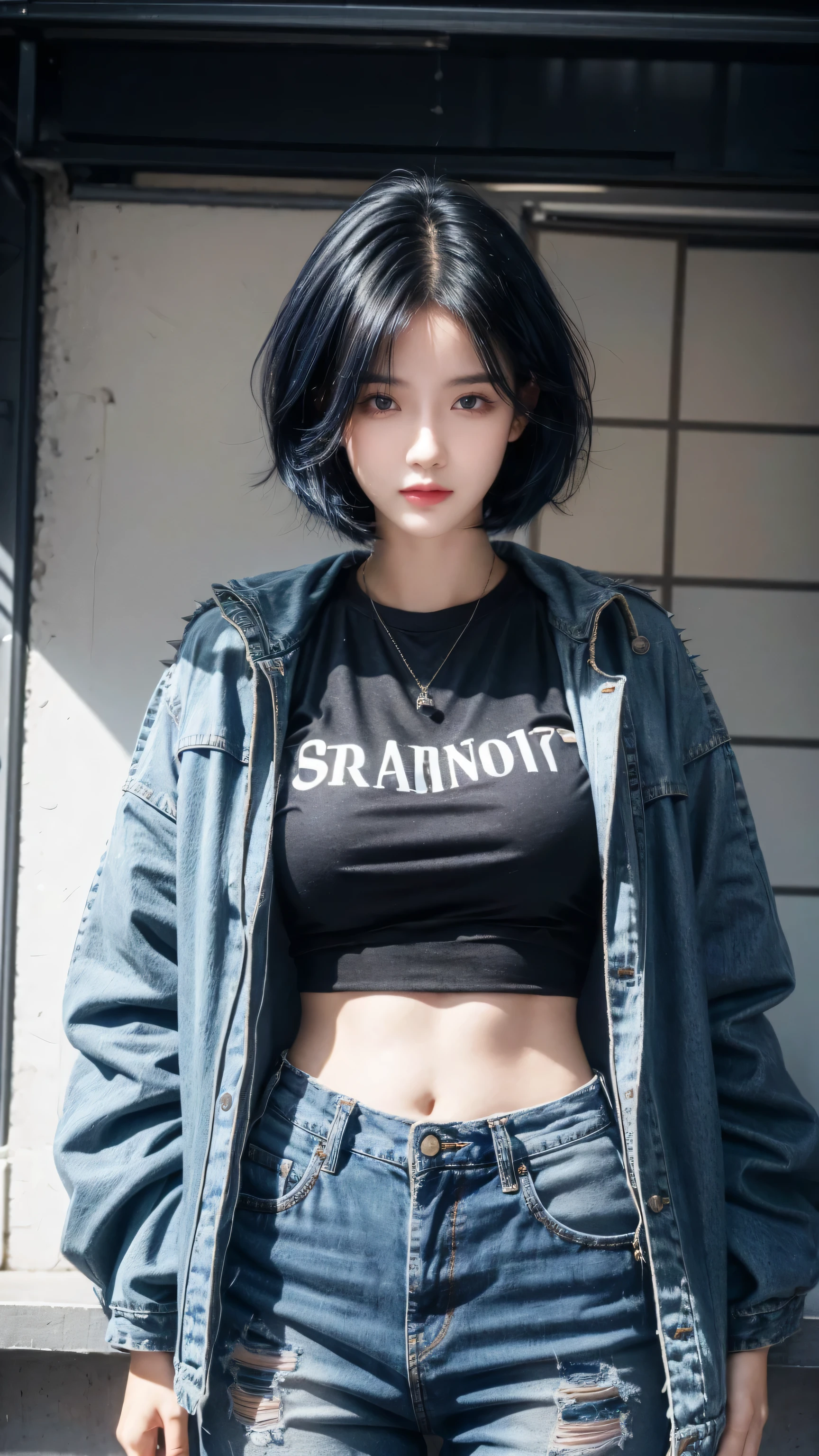 best quality, 1 Girl, dark blue hair, black eyes, Very short hair, Spiky hair, oversize t-shirt black, jacket blue, High waist short jeans, 171 cm, Messy hair, Hair between the eyes, Medium breasts, full, Tomboy, aldult, 20 years old, 1 Girl