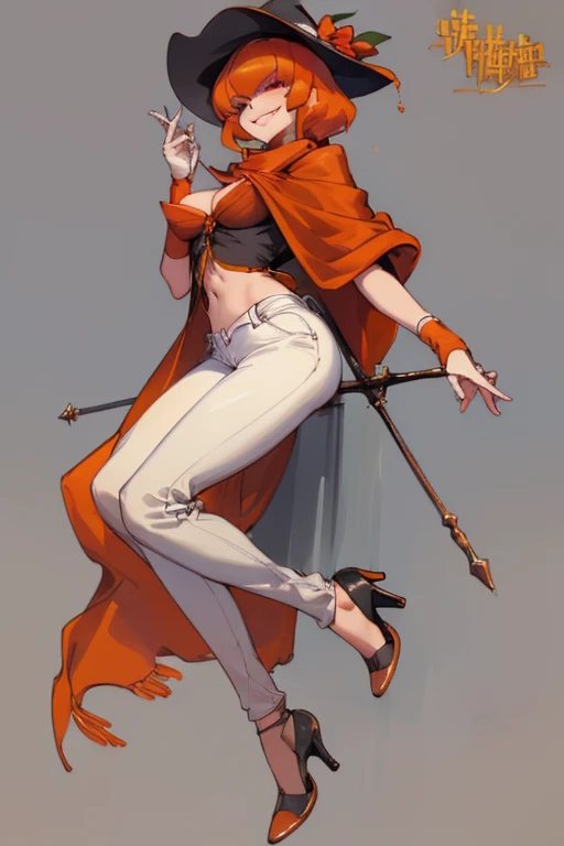 ((highest quality)), ((masterpiece)), (be familiar with),Clementine,Overload,{{nsfw}},Orange shawl,Grey Shirt,White pants,Bewitching Smile,whole body,High heels