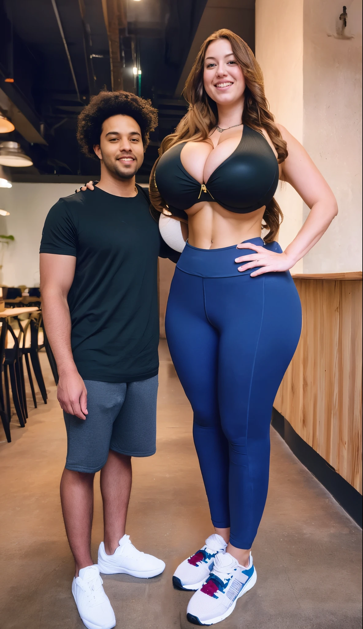 spandex top, (big giant enormous oversized massive huge colossal breasts:1.5), (gigantic sagging breasts:1.5), (very long thick full hair), (extremely long hair), symmetric breasts, wavy hair