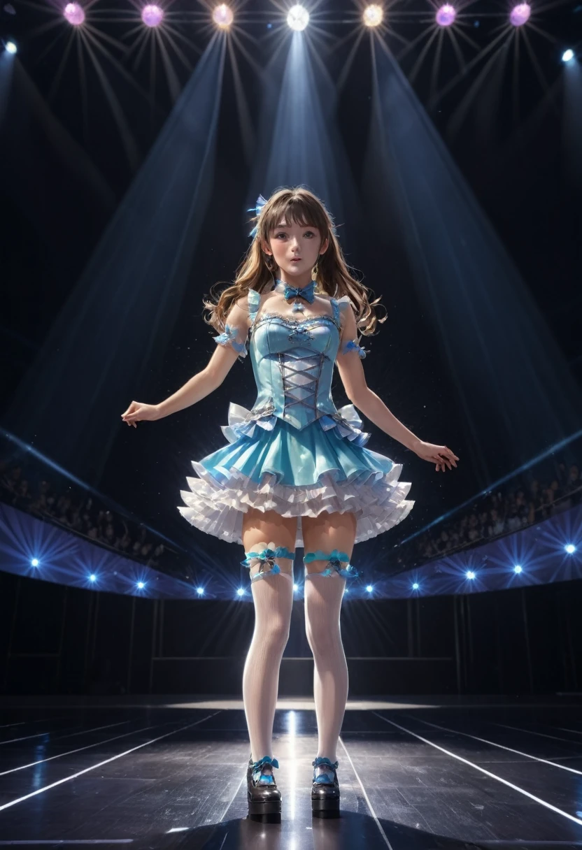 Idol Stage, idol dress, aesthetic, extremely detailed, masterpiece, best quality, Tyndall effect, light beams, stage lights, 1girl, solo, long hair, thighhighs, on stage, looking up, light scattering, volumetric lighting, spotlights, rays, atmosphere, octane render, 8k