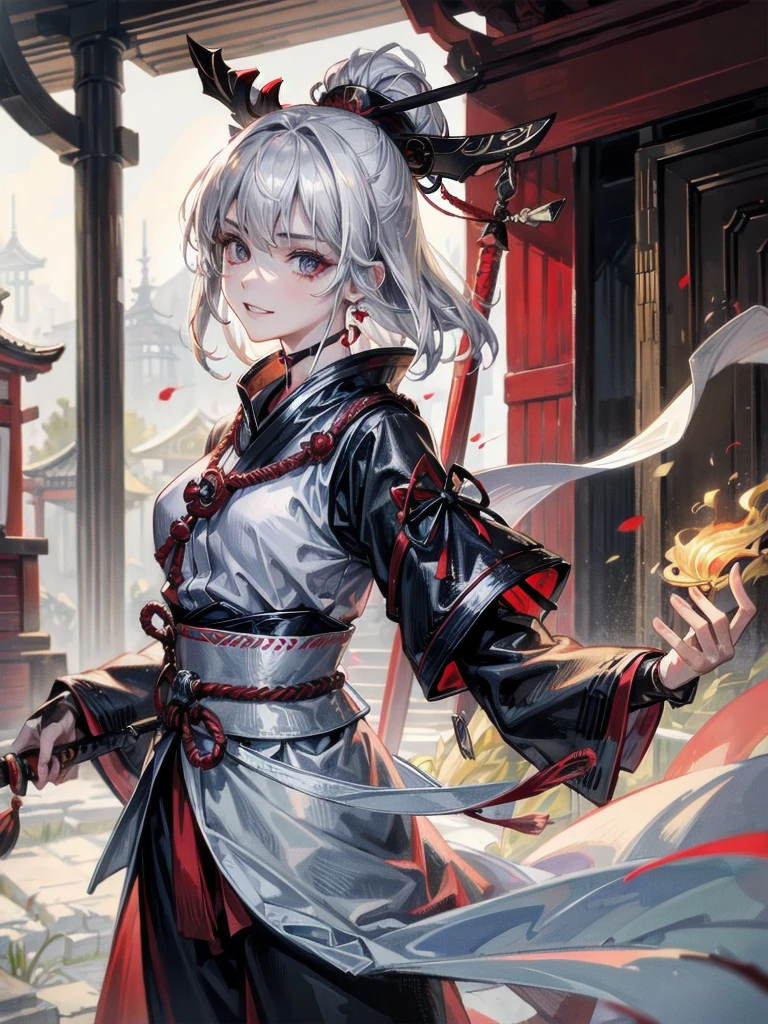 ((in shrine)), red-black costume, holding a sword, Onmyoji, nobushi, Flowing white robe, Ghost fire, Daoism, (put on Mask), absurdres, RAW photo, extremely delicate and beautiful, masterpiece, Best Quality, ultra high resolution, 32k, hyperrealistic, ultra-detailed, detailed description, pale skin, 20 years old, detailed beautiful face and eyes, tearful mole, earring, Colossal tits, short medium hair, wavy hair, evil grin, full body shot,