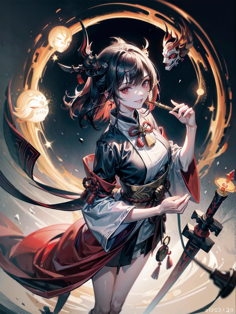 ((in shrine)), red-black costume, holding a sword, Onmyoji, nobushi, Flowing white robe, Ghost fire, Daoism, (put on Mask), absurdres, RAW photo, extremely delicate and beautiful, masterpiece, Best Quality, ultra high resolution, 32k, hyperrealistic, ultra-detailed, detailed description, pale skin, 20 years old, detailed beautiful face and eyes, tearful mole, earring, Colossal tits, short medium hair, wavy hair, evil grin, full body shot,