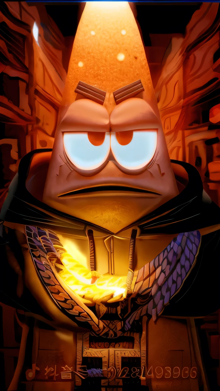 A SquarePants character, Patrick Star, with his own head, dressed in a black jacket and wearing a golden chain, with an insolent expression in his eyes and holding a lighter in his hand.The head of Patrick Star has only one sharp point.A 2.5D high-definition Patrick Star, wearing a black jacket, holding a lighter in his hand, with ferocious eyes and an irritable mood.