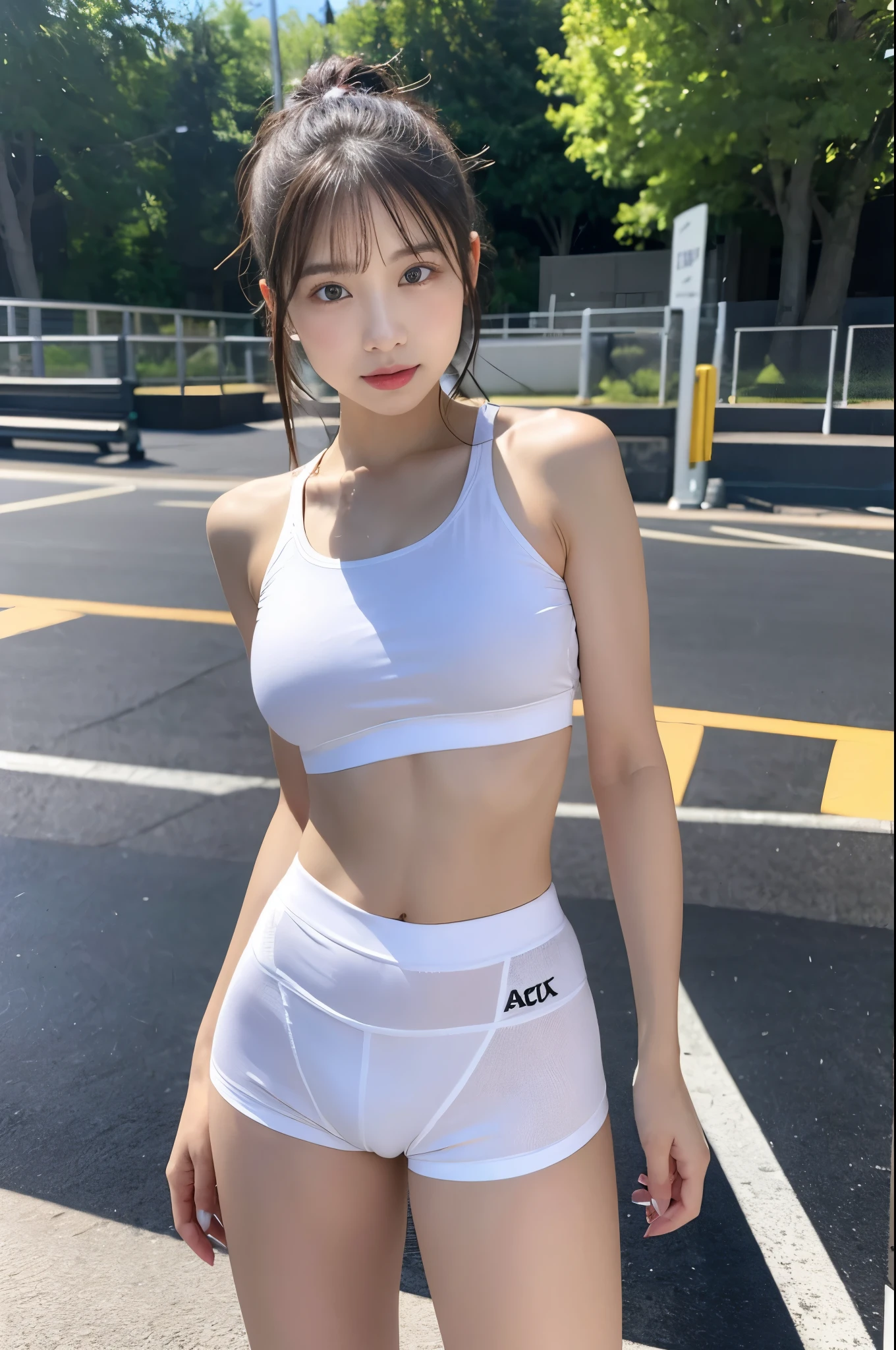 Very detailedな CG Unity 8k 壁紙, highest quality, Very detailed, masterpiece, Actual, photo Actual, Very detailed cute girl, Age 25, logic, abdominal logics, Round eyes, audience, blush, Open your lips, Half-body photo, Sportswear, Gym, Accentuate your butt, topless