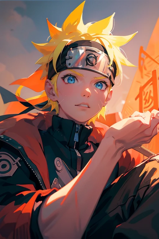 Portraiture, neon, 1 boy, Boy Style, Spiky blonde hair, Wounds on the cheeks, Black and red outfit, leather jacket, jeans, boots, bandana, nice, blue eyes, whole body, Color --Name Naruto Uzumaki Style --Desert background with pyramids and camels
