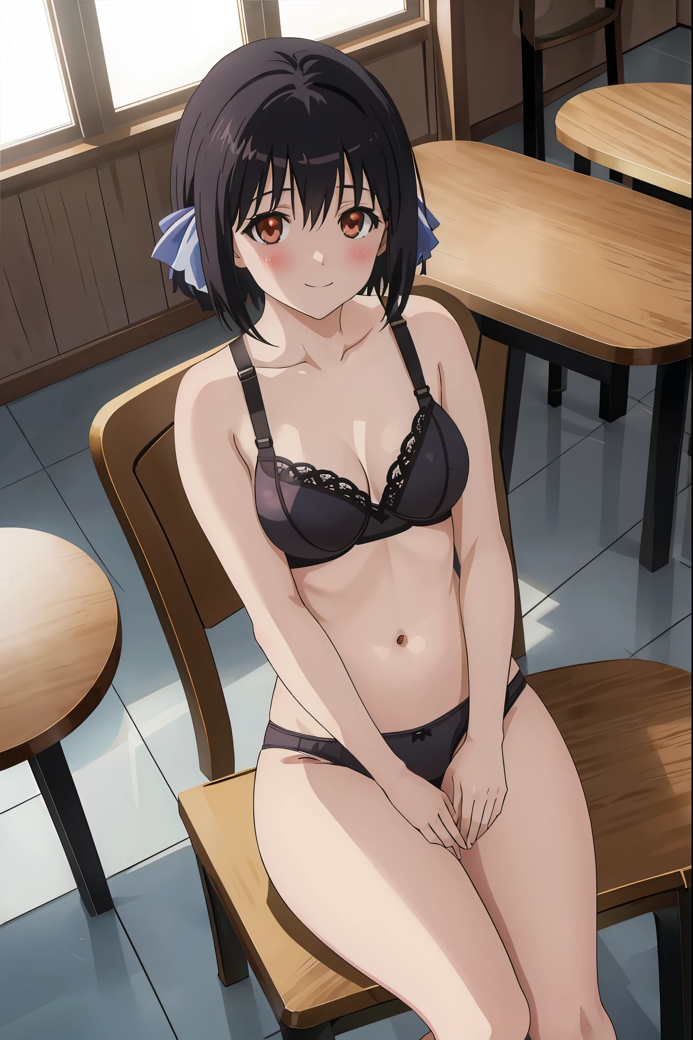 [anime styled]],[[digitalart]],1girl,solo,(portrait),from above,Tomomi_saikyou,black hair,Short hair,bob cut,hair ribbon,midium build,1girl in,short torso,anime screen cap,cel shading,smile, blush,(strong light),((brighten the subject)),classroom,(chair),(sitting),nude,((bra)),((panties))