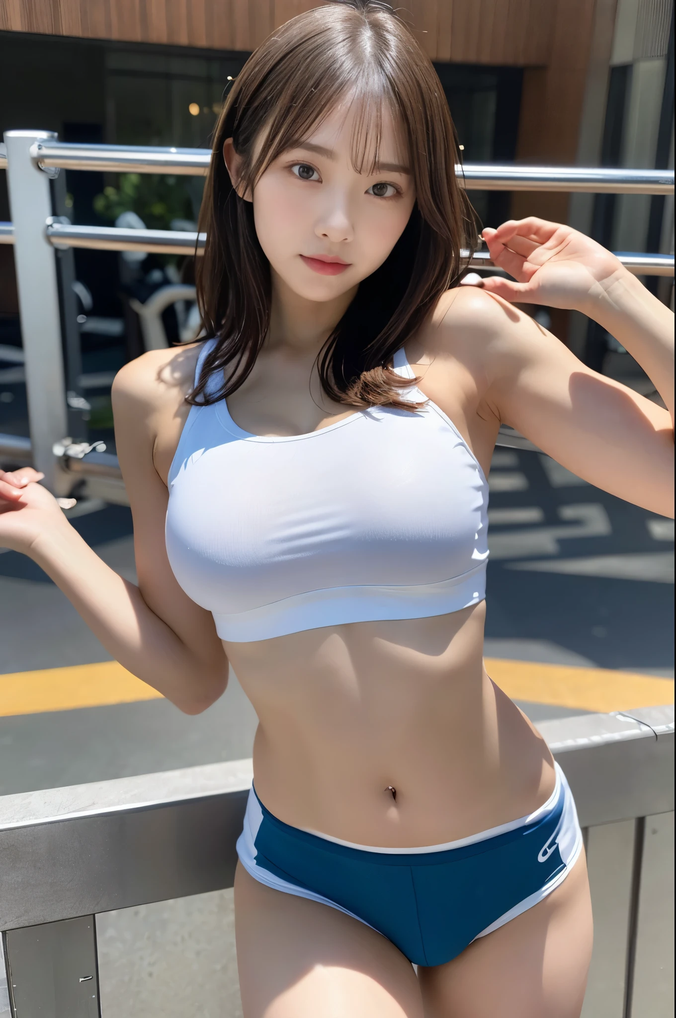Very detailedな CG Unity 8k 壁紙, highest quality, Very detailed, masterpiece, Actual, photo Actual, Very detailed cute girl, Age 25, logic, abdominal logics, Round eyes, audience, blush, Open your lips, Half-body photo, Sportswear, Gym, Accentuate your butt, topless