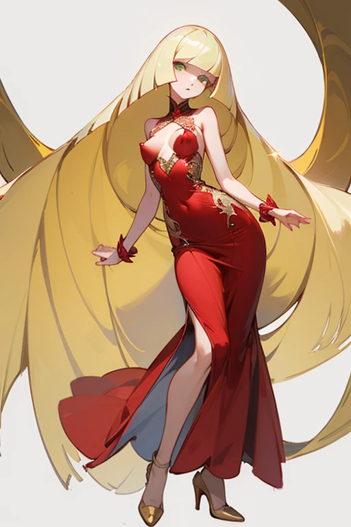 ((highest quality)), ((masterpiece)), (Familiar), Lusamine,thin,thin,Long blonde hair,Small breasts,Erect nipples,Adult female,Green Eyes,Slanted Eyes,Sleeveless dress,Red dress,Gold embroidery,High heels,Fascinating,Long skirt