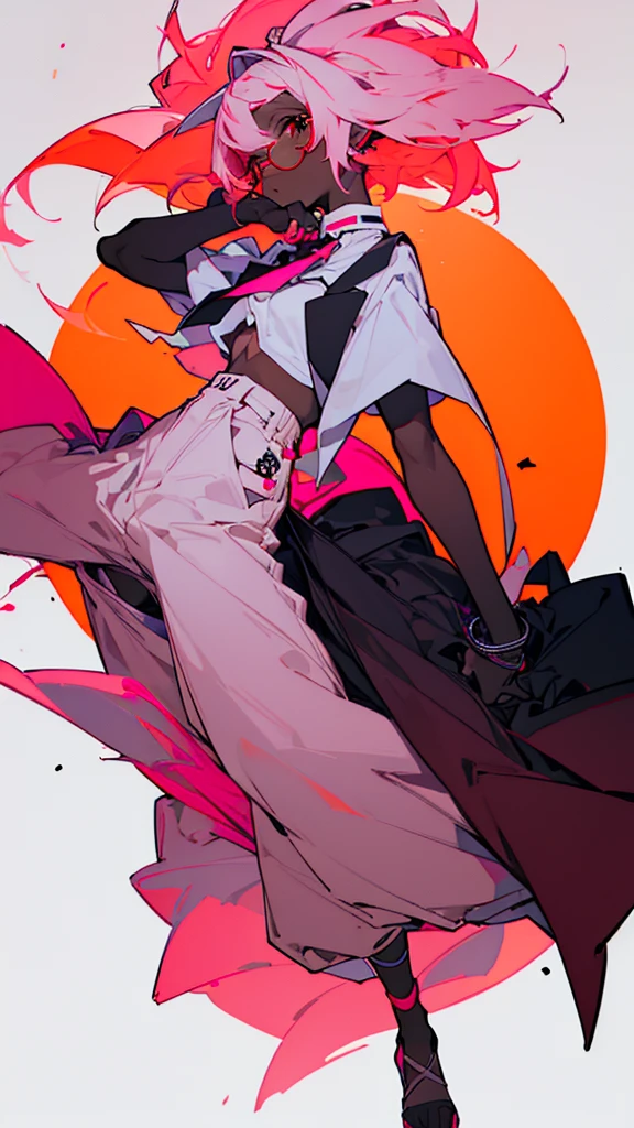 1 woman, tall, ((dark skinned woman, hair over the ears)), white hair, pink hair, colorful hair, short hair, messy hair, orange eye, (small glasses), white big shirt, (pants), black tie, sharp eye, underboob, earring like a circle, Subdued lighting, dynamic pose, perfect hand, full body,