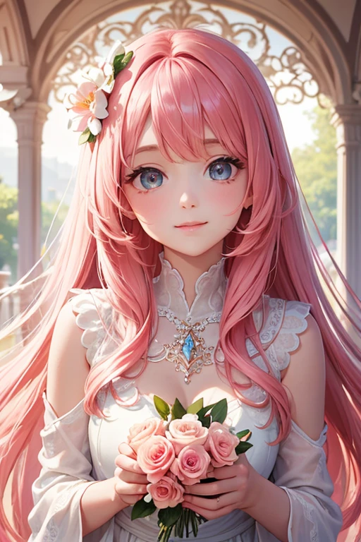 High resolution, highest quality, Wearing a gorgeous dress,Big bright eyes, Bright and vibrant pink hair, Rosy Cheeks, Soft Light, Very detailed,Beautiful, gentle and bright expression, shiny silky hair, Gorgeous floral hair ornament