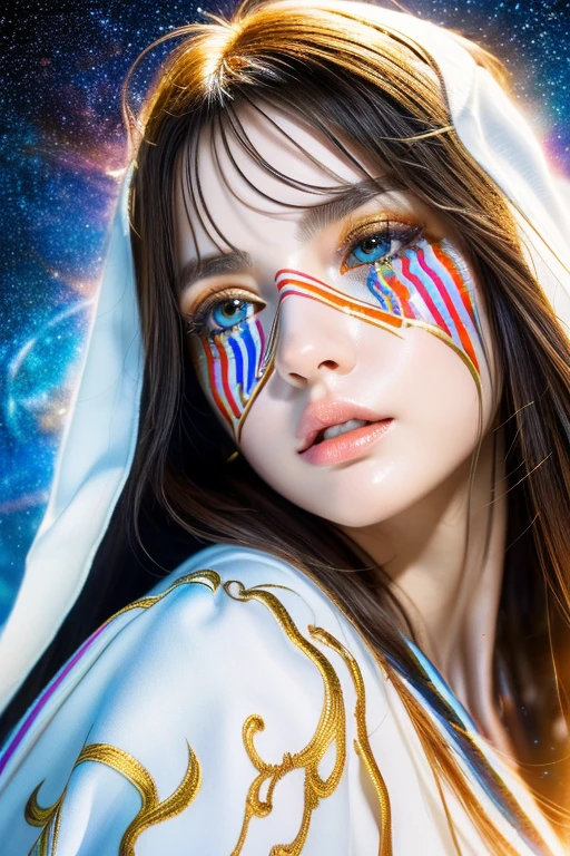 (masterpiece, highest quality, highest quality, Official Art, beautifully、aesthetic:1.2), (One girl), Highly detailed eyes, (Fractal Art:1.3), colorful, Most detailed, (Perfect Face), Shiny skin, High resolution, (White cloak, golden lines:1.2), Milky Way, (Streaks of Light), Impressive visuals, (Dynamic stripes, Light trail:1.2), Vibrant colors, (Phoenix), (Dragon)