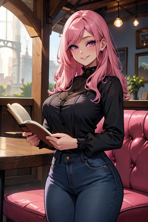A pink haired woman with violet yes with an hourglass figure in a lacy blouse and jeans is reading a book at a coffee shop with a smile