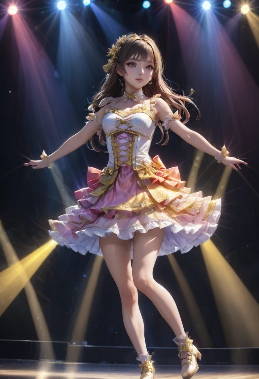 Idol Stage, idol dress, aesthetic, extremely detailed, masterpiece, best quality, Tyndall effect, light beams, stage lights, 1girl, solo, long hair, thighhighs, on stage, looking up, light scattering, volumetric lighting, spotlights, rays, atmosphere, octane render, 8k