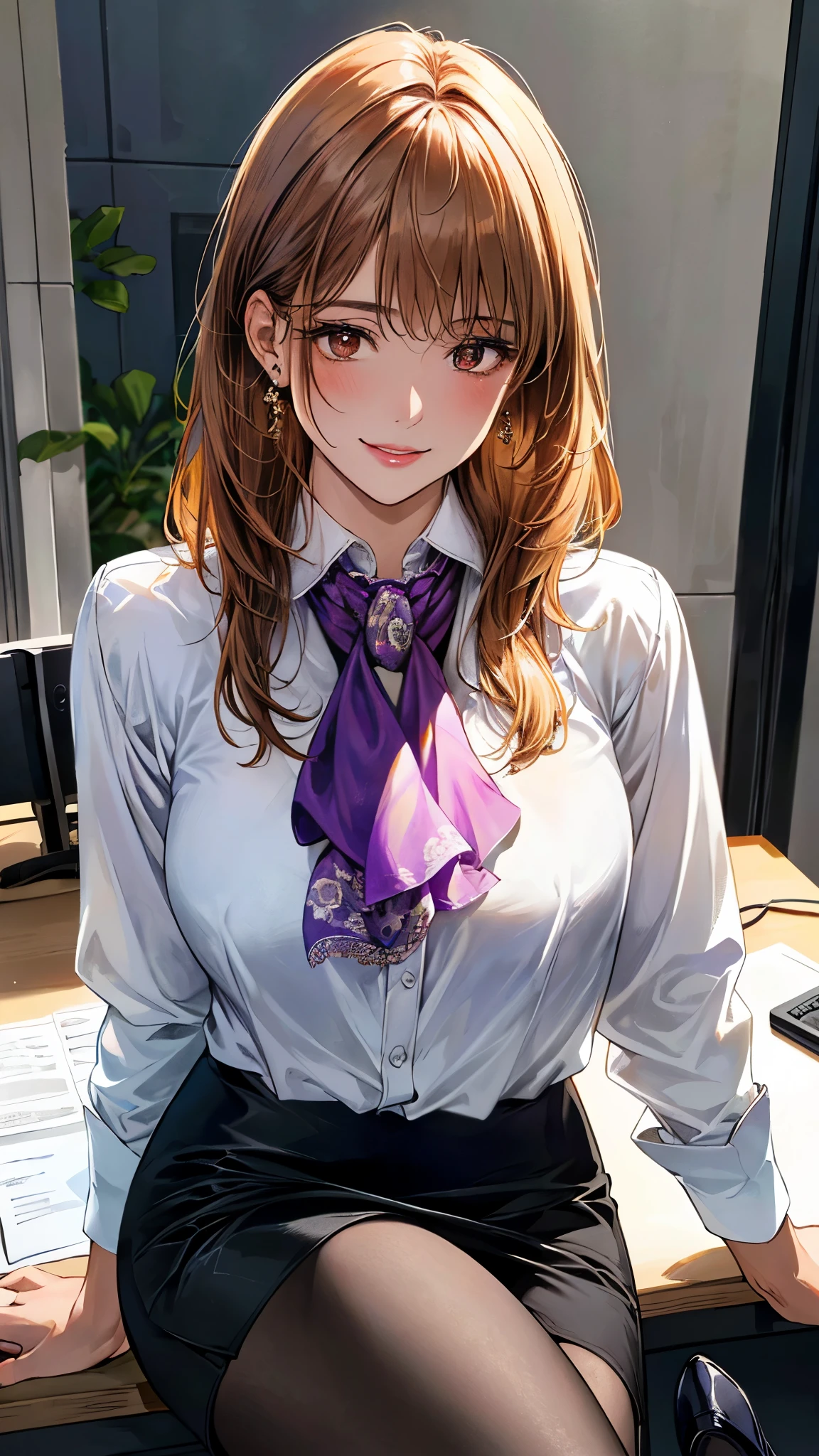 (masterpiece:1.3, top-quality, ultra high res, ultra detailed), (realistic, photorealistic:1.4), beautiful illustration, perfect lighting, natural lighting, colorful, depth of fields, surrealism,
beautiful detailed hair, beautiful detailed face, beautiful detailed eyes, beautiful clavicle, beautiful body, beautiful chest, beautiful thigh, beautiful legs, beautiful fingers, white skin, shiny skin,
looking at viewer, face focus, upper body, 1 female, japanese, (perfect anatomy, anatomically correct, super detailed skin), symmetrical face, perfect face, perfect eyes, perfect fingers,
(middle hair, copper tone hair), light brown eyes, long eyelashes, glossy lips, (large breasts:1.4, captivating thighs), outstanding style,
((detailed cloth texture, bottomless, (ascot shirt:1.3), black tight skirt, high heels)), earrings,
(beautiful scenery), morning, (office:1.5), sitting at a desk with a laptop and a microphone, sit in front of the microphone, in front of the computer, studio shot, (seductive smile, excellent),