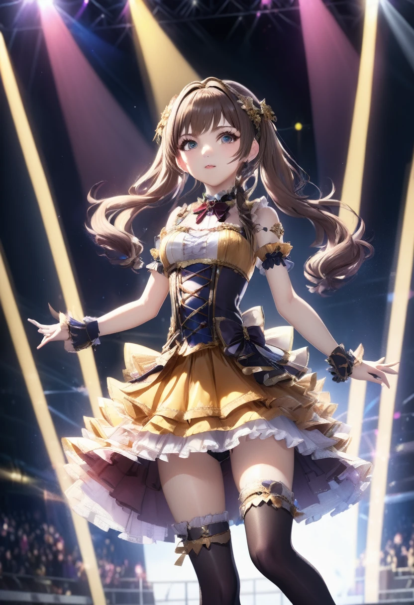 Idol Stage, idol dress, aesthetic, extremely detailed, masterpiece, best quality, Tyndall effect, light beams, stage lights, 1girl, solo, long hair, thighhighs, on stage, looking up, light scattering, volumetric lighting, spotlights, rays, atmosphere, octane render, 8k