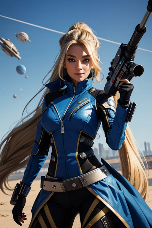 futuristic metropolis, spaceship, determined young woman with a blaster rifle, headdress, long blonde hair with blue strands collected in a long high ponytail, patterns in the form of scales on bluish skin, black tight-fitting futuristic mercenary costume, a lot of zippers, buttons and belts , other planets are visible in the sky, an impudent grin, taking aim