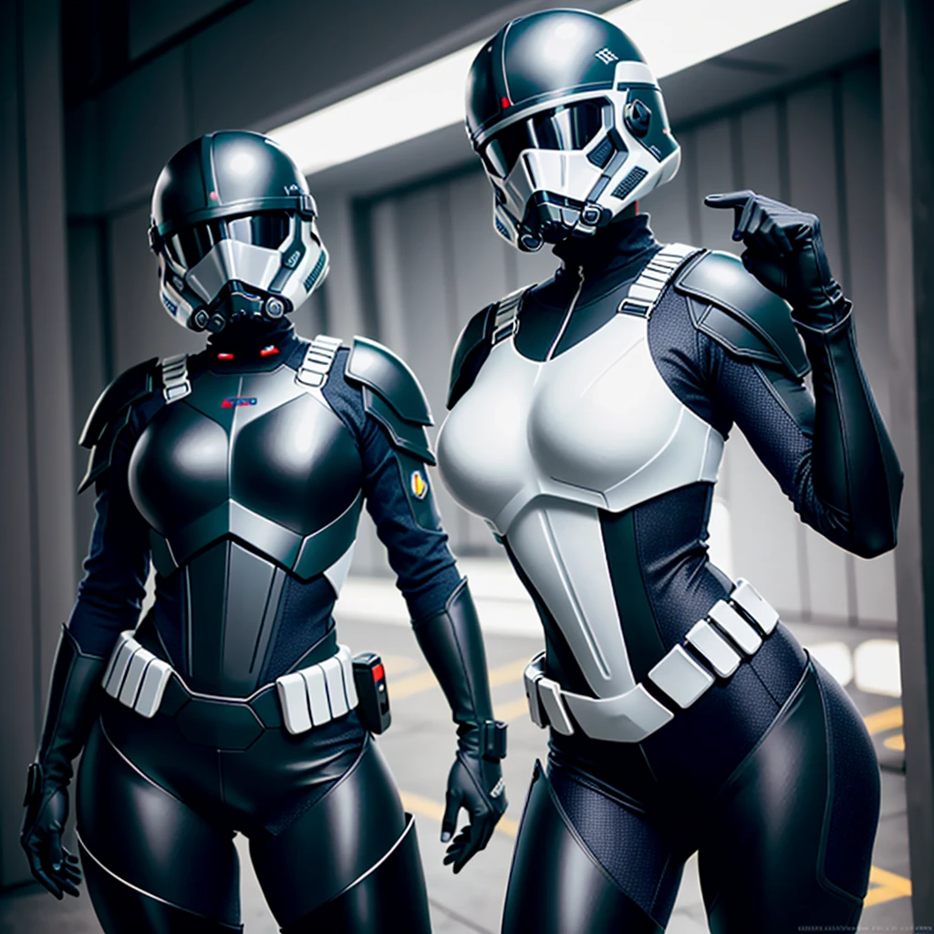 A soldier((Miss)) ,Futuristic Soldier Suit,((Miss)) Wearing the Death Trooper Outfit,Pin-up girl pose RAW photo, Highlight beautiful breasts,Put on the futuristic helmet,Faceless,8K Ultra HD, DSLR camera, soft light, high quality, Film Grain, Fuji XT3